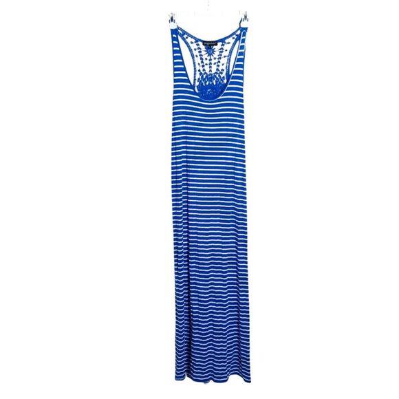 SPIAGGIA DOLCE Women’s Cobalt Blue White Striped Maxi Dress Size L Crochet Back - Picture 1 of 6